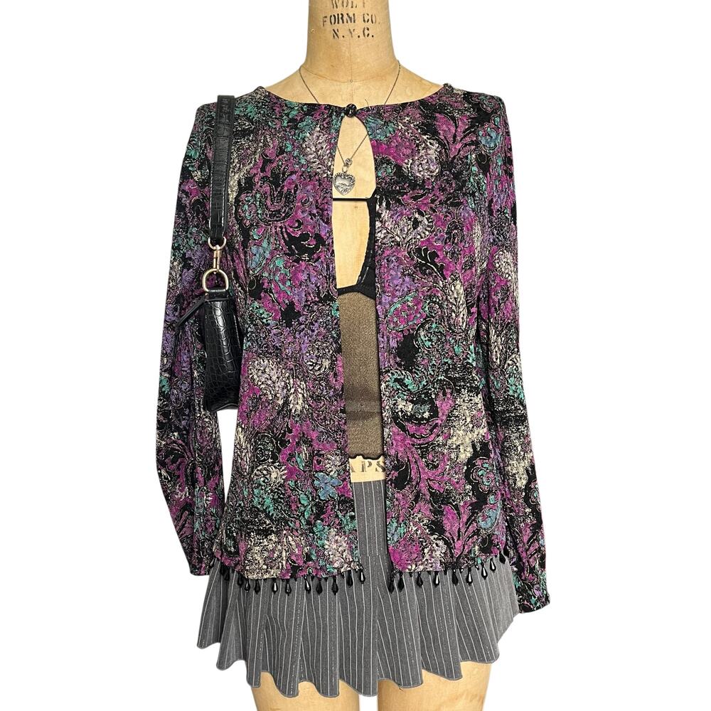 MSK Retro Print Open Front Top Beaded‎ Tassel Hem Layering Size L